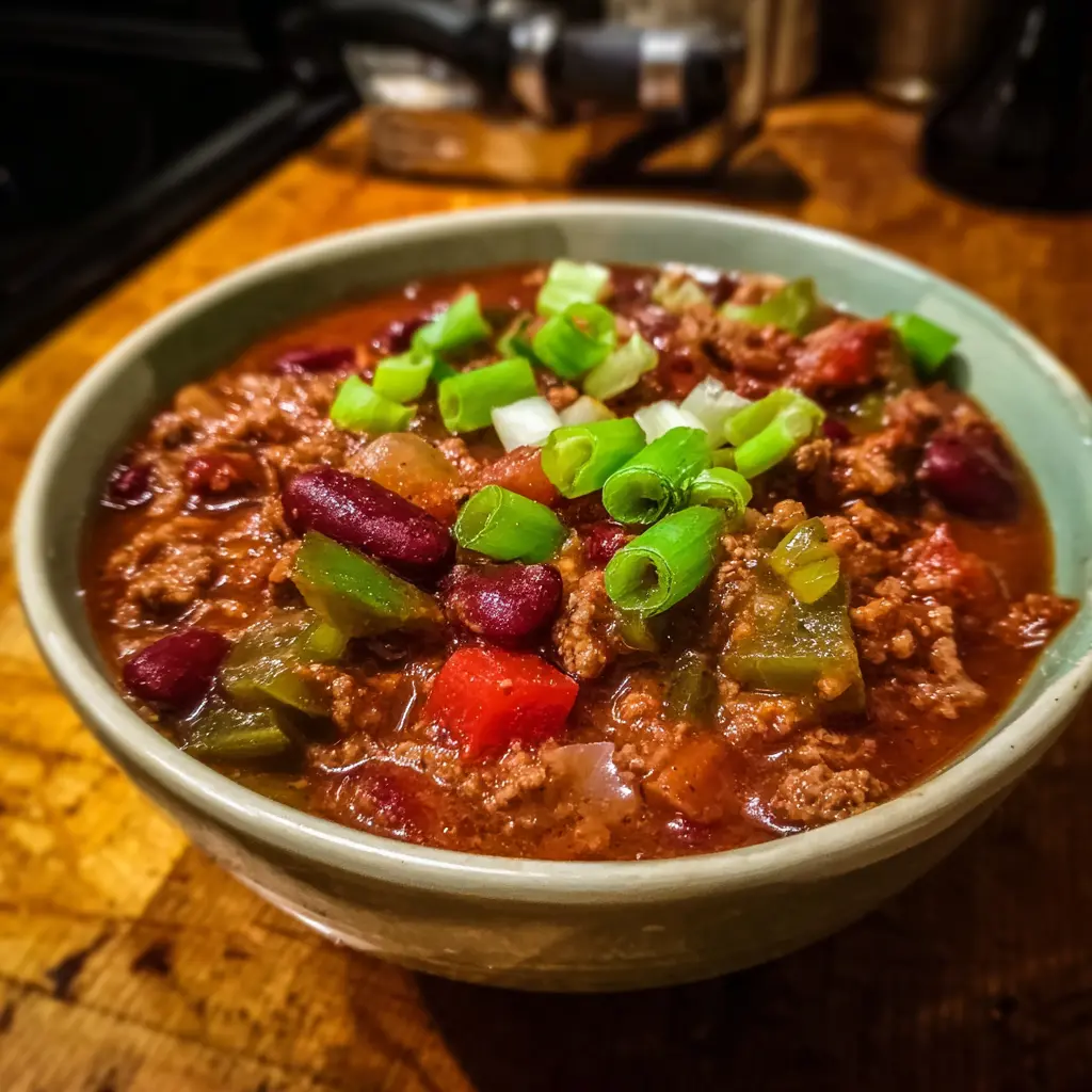 Close-up of a hearty bowl of homemade chili recipe, garnished with fresh green onions.