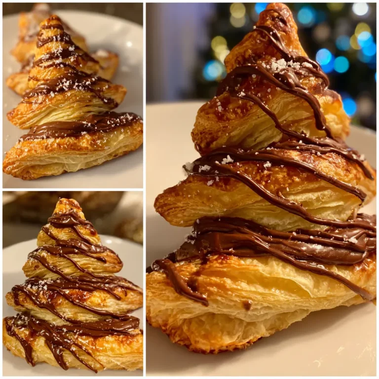 Delicious Christmas tree-shaped puff pastry with chocolate drizzle and sprinkles, inspired by a Christmas tree Nutella recipe.