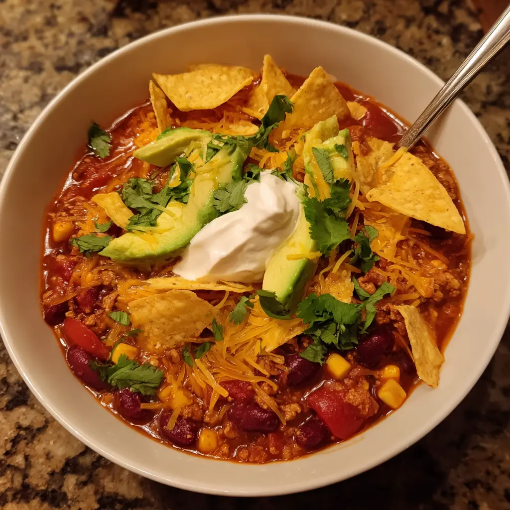 Overhead view of a hearty ground turkey chili recipe, generously garnished with melted cheese, fresh avocado, and cilantro.