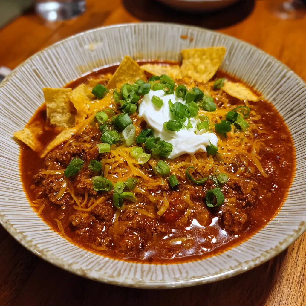 A close-up, top-down view of a hearty bowl of Texas Roadhouse chili recipe topped with melted cheese, sour cream, green onions, and tortilla chips on a wooden table.