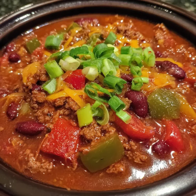 A vibrant close-up of a hearty bowl of ground beef chili recipe, generously topped with melted cheddar cheese and fresh green onions.