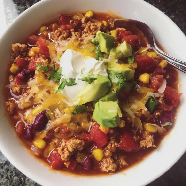 Close-up of a hearty bowl of turkey chili recipe garnished with sour cream, avocado, melted cheese, and fresh cilantro.