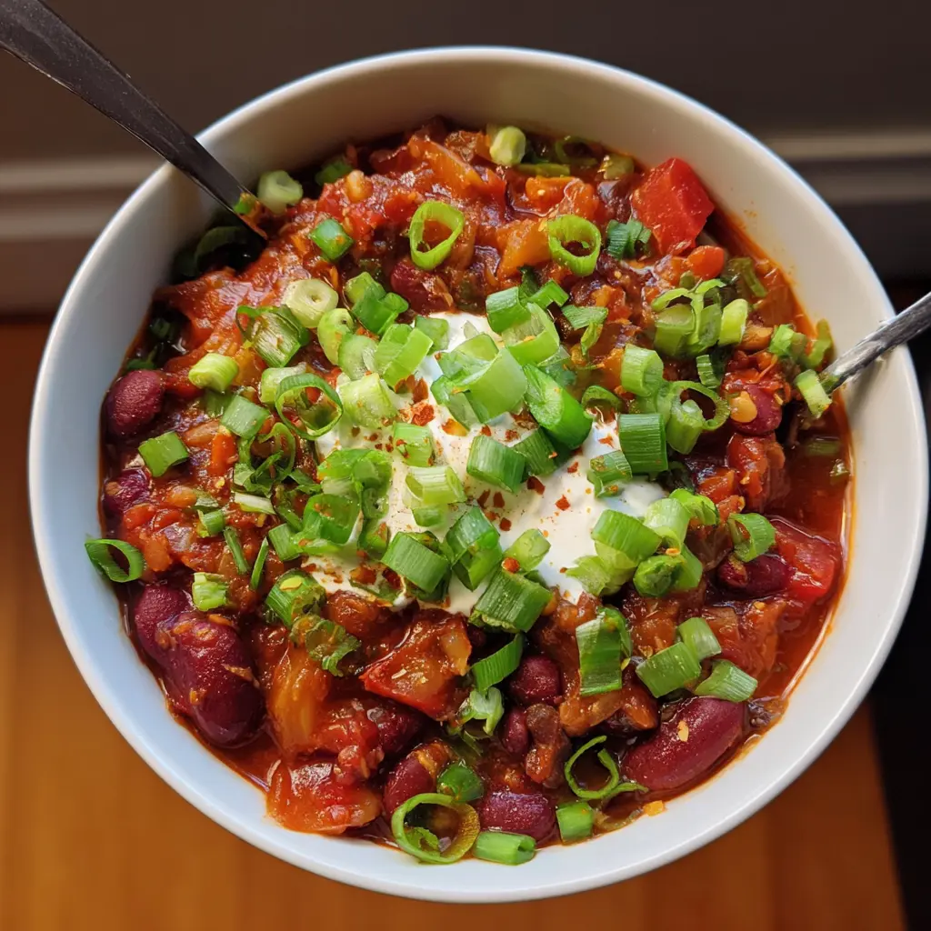 Vibrant bowl of hearty vegan chili recipe garnished with fresh green onions and creamy white topping on a wooden table.