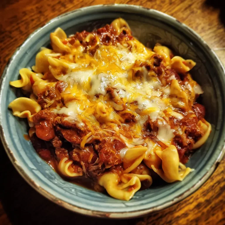 Close-up of a hearty, cheesy chili mac served in a rustic teal bowl on a wooden table, perfect for a leftover chili recipe.