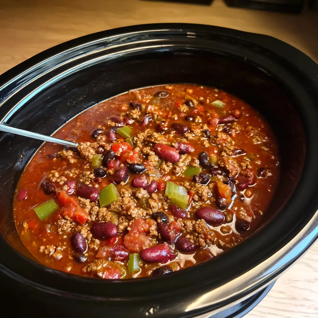 Hearty crockpot chili recipe simmering in a black slow cooker, packed with meat, beans, and vegetables.