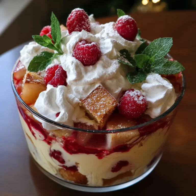 A beautifully layered Christmas trifle recipe with whipped cream, fresh raspberries, and cake in a glass bowl.