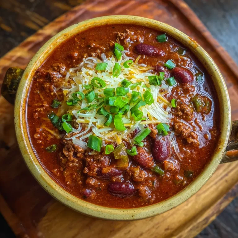 Close-up overhead view of a hearty bowl of chili, topped with cheese and green onions, showcasing an easy crockpot chili recipe.