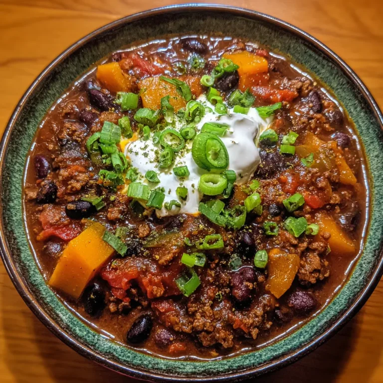 A hearty bowl of homemade pumpkin chili recipe, garnished with sour cream, fresh green onions, and jalapeño slices, on a warm wooden surface.