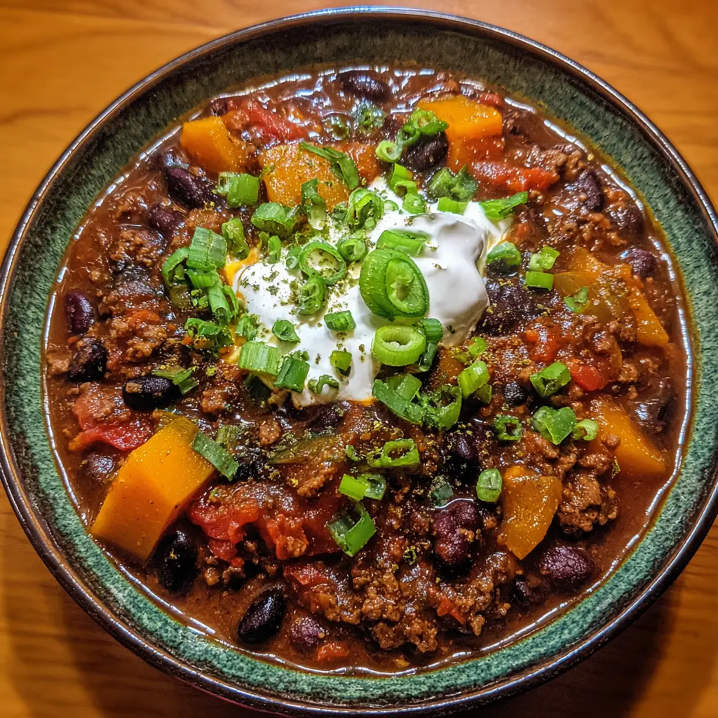 A hearty bowl of homemade pumpkin chili recipe, garnished with sour cream, fresh green onions, and jalapeño slices, on a warm wooden surface.