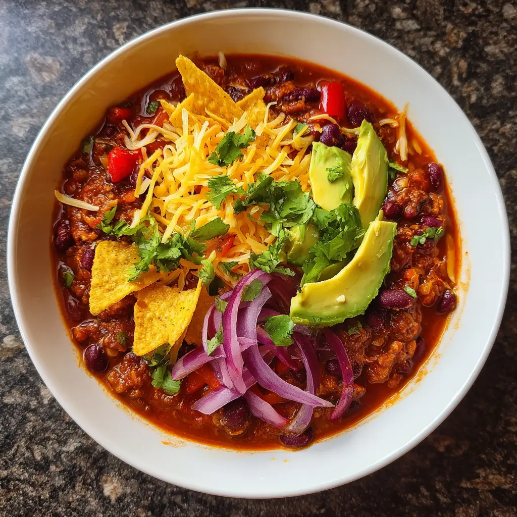 A vibrant bowl of homemade vegetarian chili recipe, generously topped with shredded cheese, fresh avocado, cilantro, red onion, and crispy tortilla chips on a dark counter.