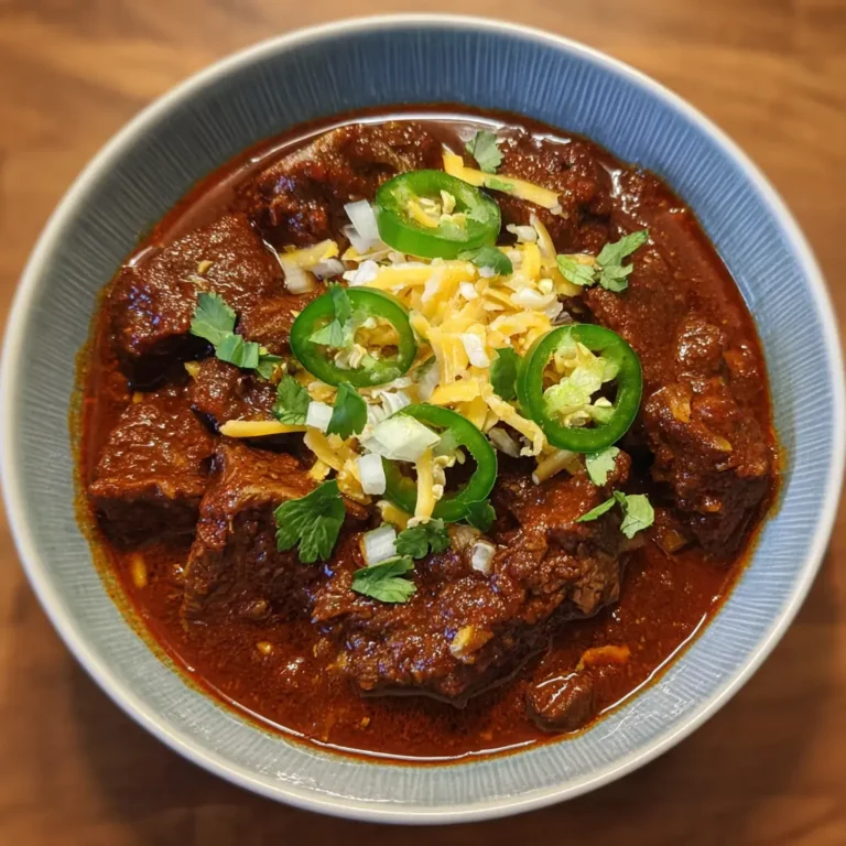 A close-up of a hearty bowl of Texas chili recipe, garnished with shredded cheese, fresh jalapeños, and cilantro on a wooden surface.