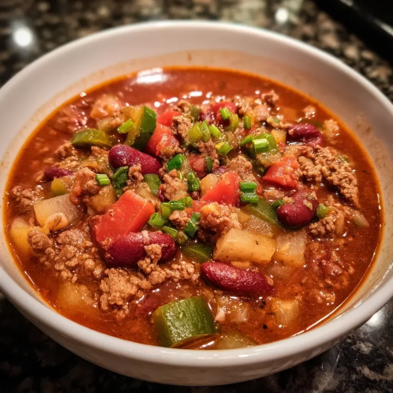 Hearty bowl of homemade beef chili recipe with kidney beans, diced tomatoes, green peppers, and fresh scallions.