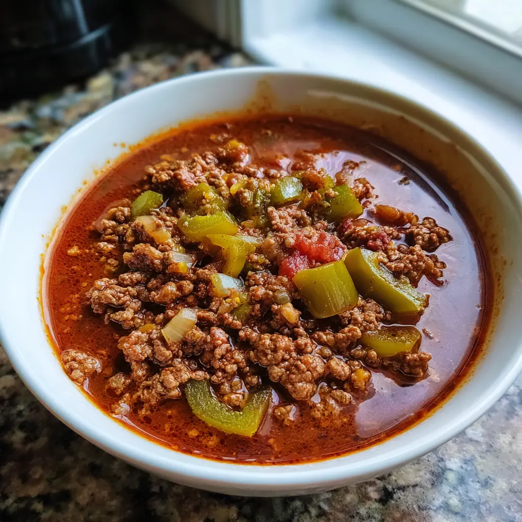 Close-up of a hearty, homemade keto chili recipe in a white bowl, featuring ground meat and vegetables.