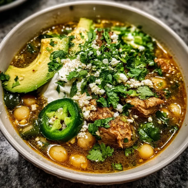 A vibrant, hearty bowl of green chili with shredded meat, hominy, and fresh toppings including cilantro, crumbled cheese, sour cream, avocado, and jalapeño, highlighting a delicious green chili recipe.