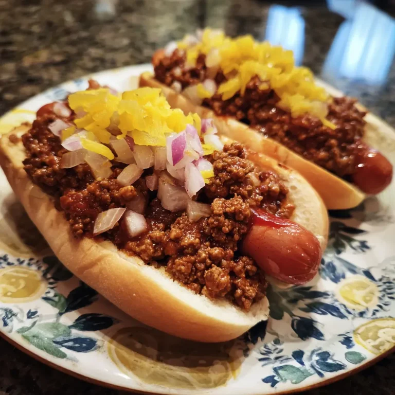 Two gourmet chili dogs with a generous hot dog chili recipe, diced onions, and yellow relish on a decorative plate.