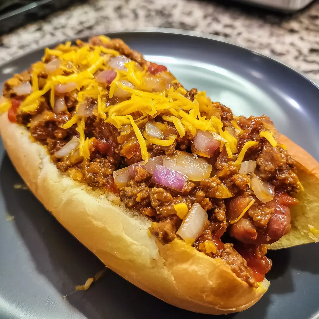Appetizing close-up of a loaded chili dog with cheese and onions, highlighting a delicious hot dog chili recipe.