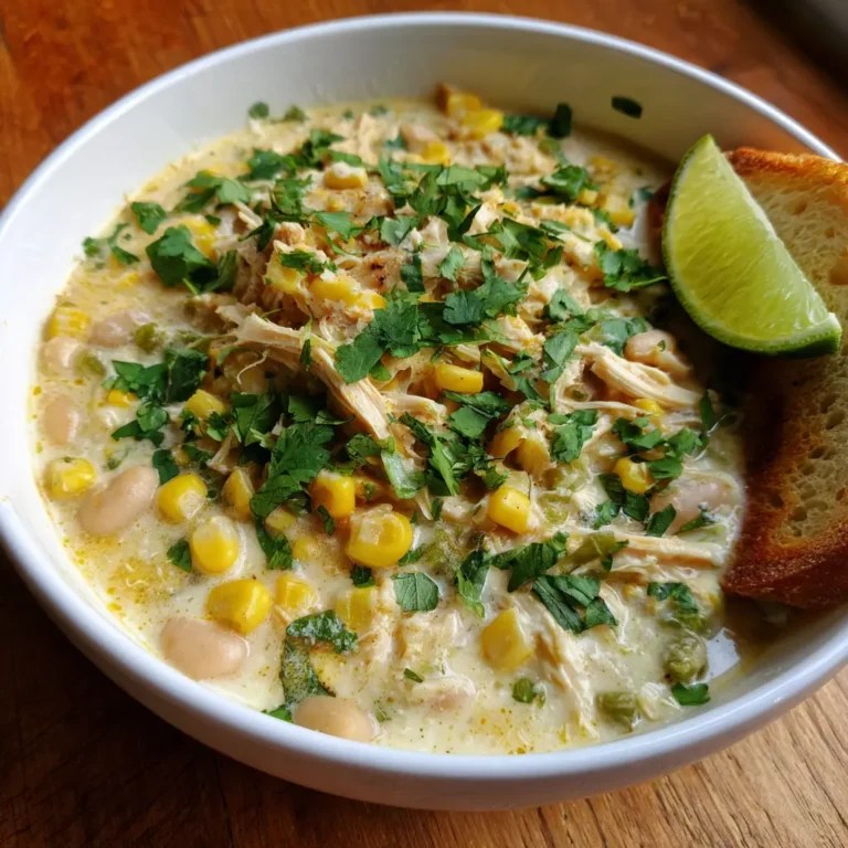 A vibrant bowl of creamy chicken and corn white chili recipe, garnished with fresh cilantro and a lime wedge, on a rustic wooden table.