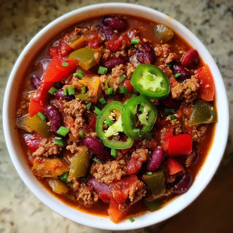 Vibrant bowl of spicy chili recipe, garnished with fresh jalapeños and chives, showcasing rich textures and colorful ingredients.