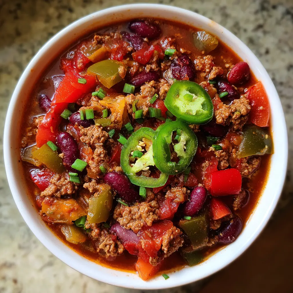 Vibrant bowl of spicy chili recipe, garnished with fresh jalapeños and chives, showcasing rich textures and colorful ingredients.