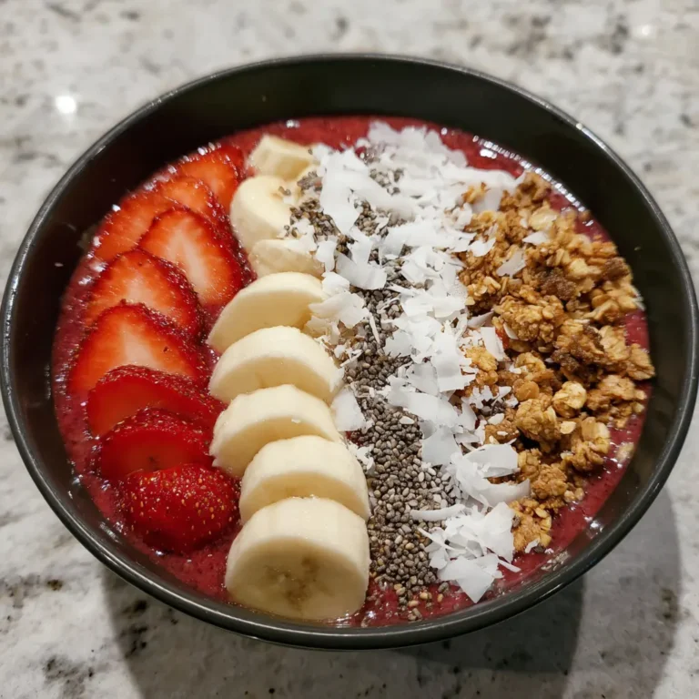 Vibrant smoothie bowl recipe featuring fresh strawberries, banana, chia seeds, coconut flakes, and granola in a dark bowl.