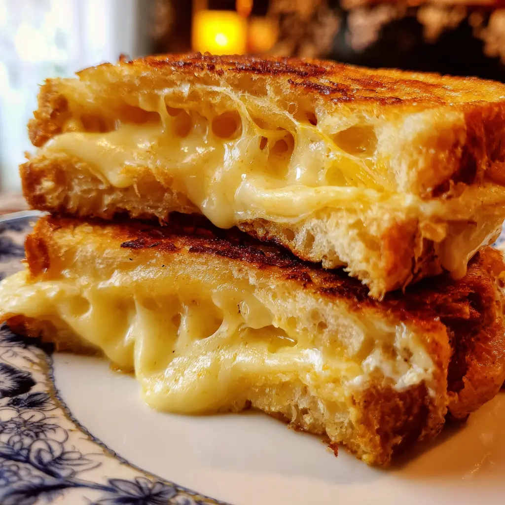 Close-up of a perfectly cooked air fryer grilled cheese sandwich, cut in half to show its molten, gooey interior and golden-brown, crispy bread.