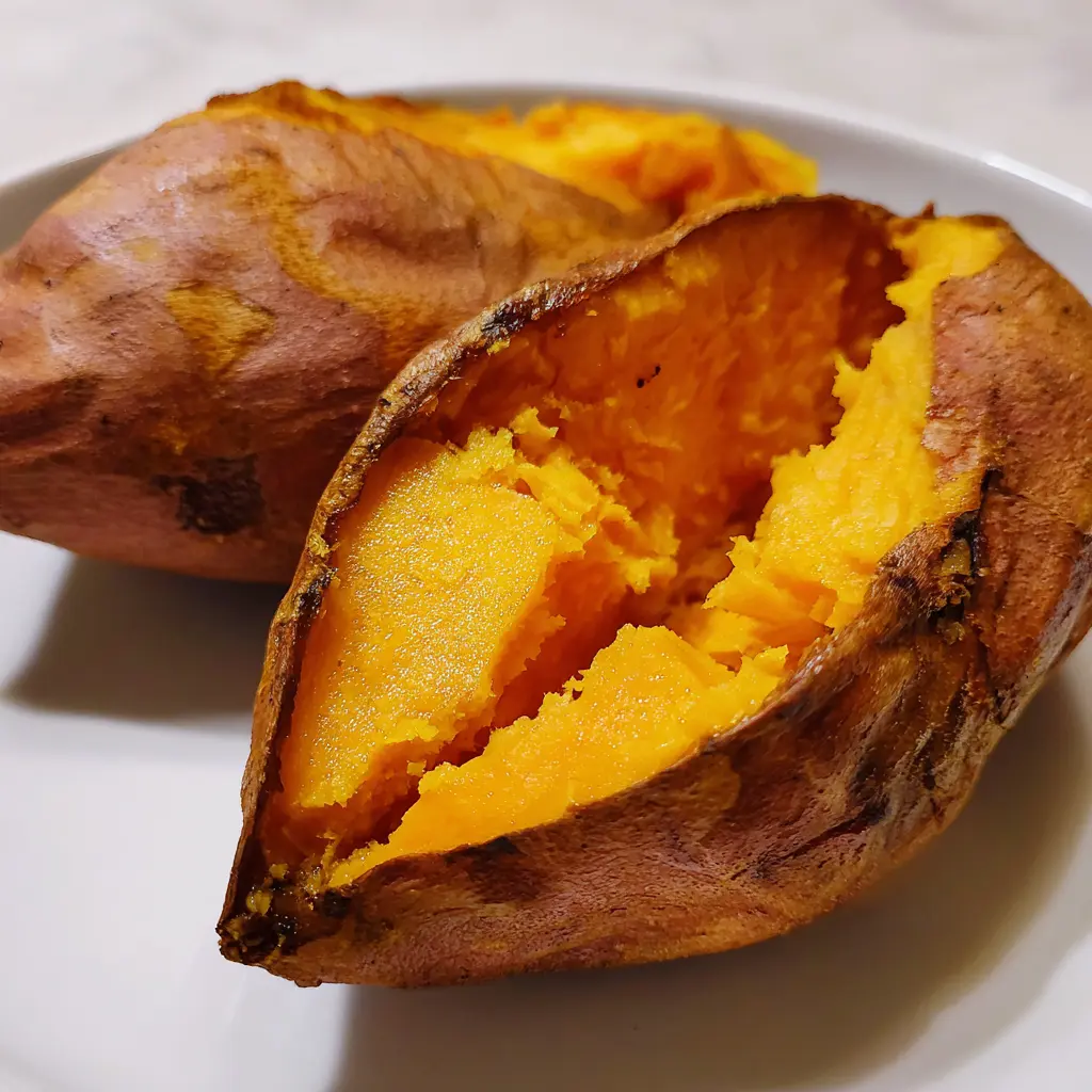 Two perfectly cooked air fryer sweet potatoes, one split open revealing its vibrant orange interior, on a white plate.