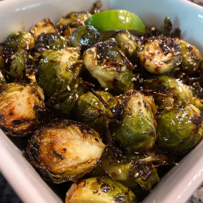 Close-up of perfectly roasted air fryer brussel sprouts with a glossy glaze, sesame seeds, and a lime wedge in a white dish.