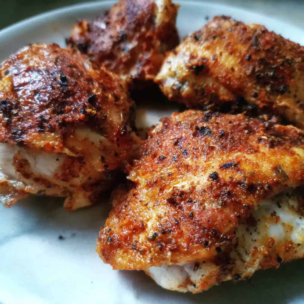 Close-up of four crispy, generously seasoned air fryer chicken thighs boneless on a light plate.