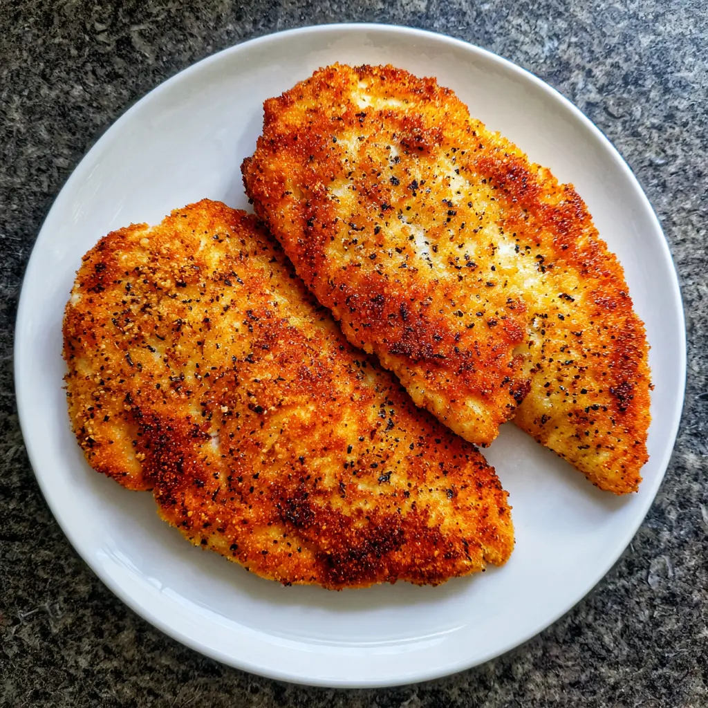 Golden-brown, crispy air fryer chicken breast fillets served on a white plate.