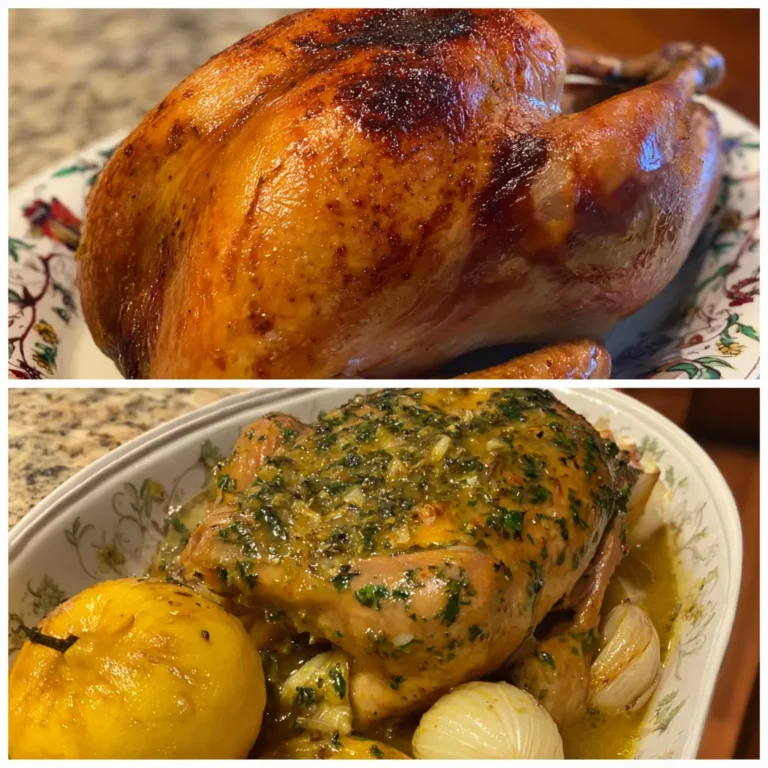 A diptych showing two distinct christmas turkey recipe preparations: a golden-brown roasted turkey on a decorative platter, and an herb-infused turkey with lemon and onions in a baking dish.