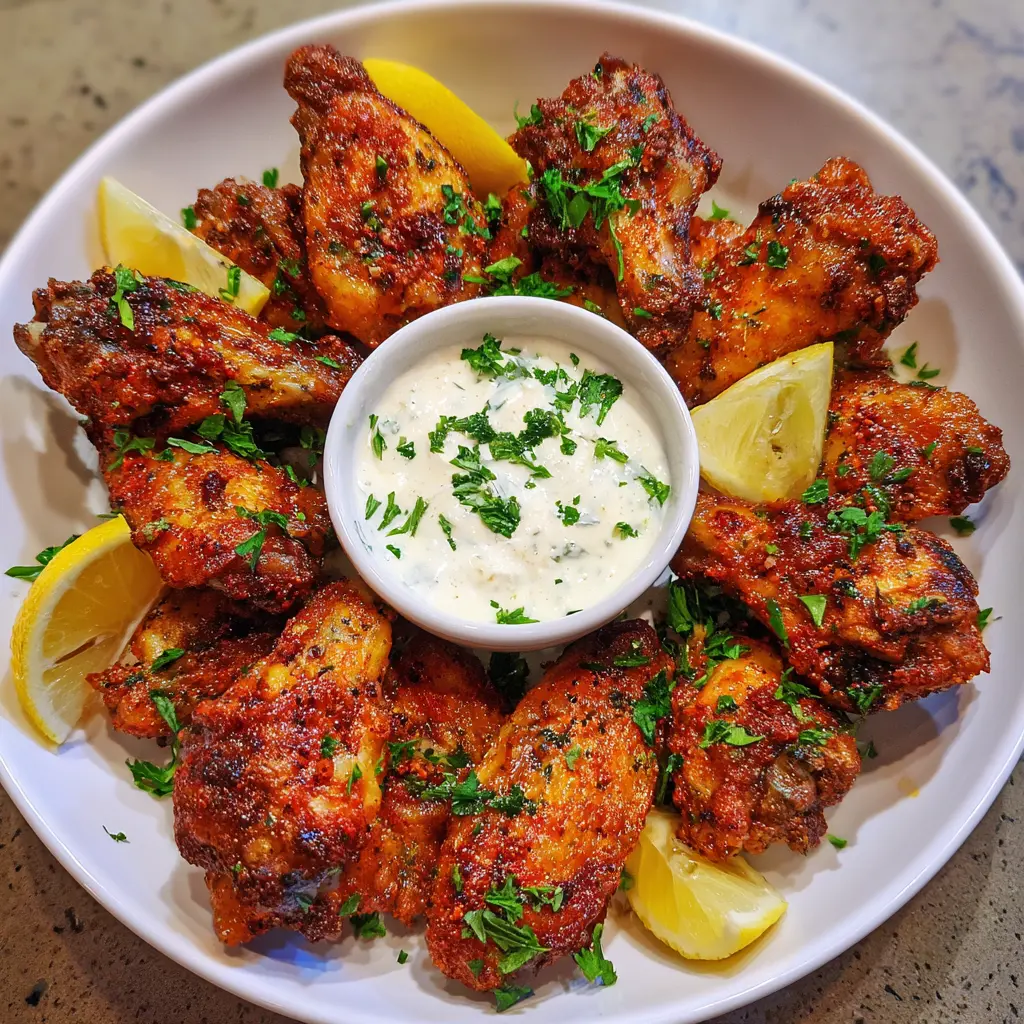 Crispy golden-brown air fryer chicken wings with fresh parsley, lemon wedges, and a creamy dipping sauce on a white plate.