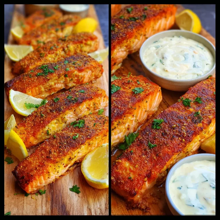 Crispy, golden air fryer salmon fillets served with fresh lemon and creamy dipping sauces on a rustic wooden board.