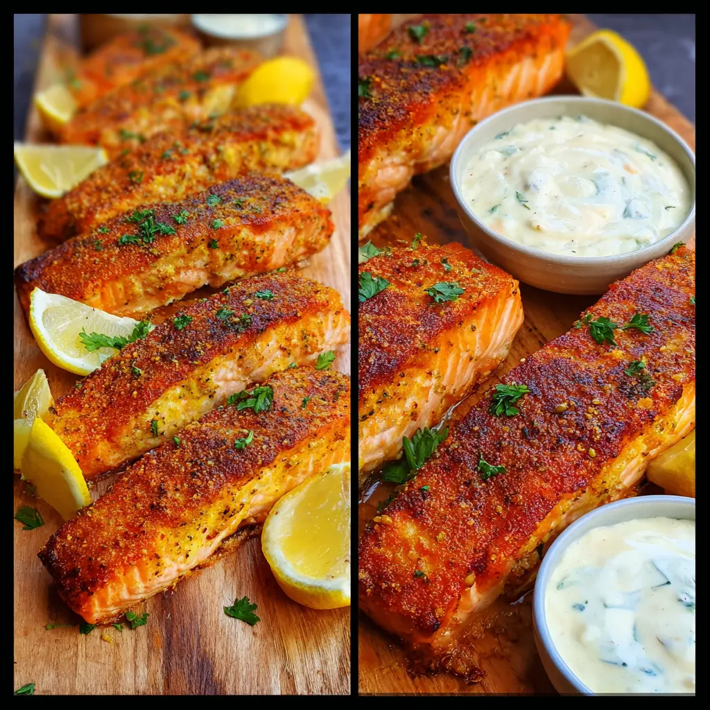 Crispy, golden air fryer salmon fillets served with fresh lemon and creamy dipping sauces on a rustic wooden board.