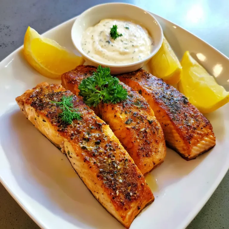 Golden-brown air fryer salmon fillets served with creamy dill sauce and fresh lemon wedges.