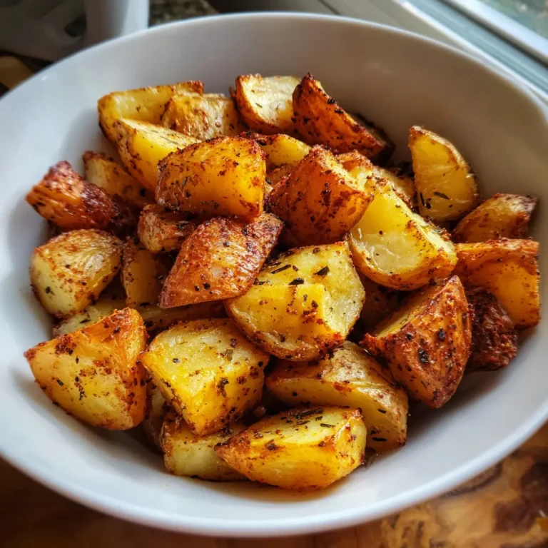Close-up of perfectly golden-brown and seasoned air fryer potatoes in a white bowl on a wooden surface, highlighting their crispy texture.