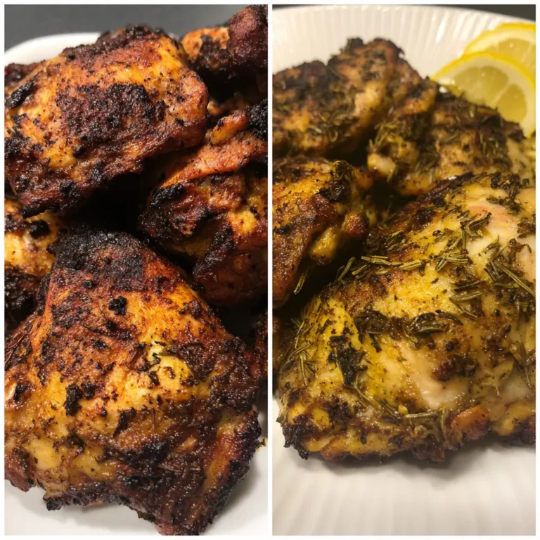 Crispy, golden-brown air fryer chicken thighs with visible seasoning and a charred finish, presented on white dishes.