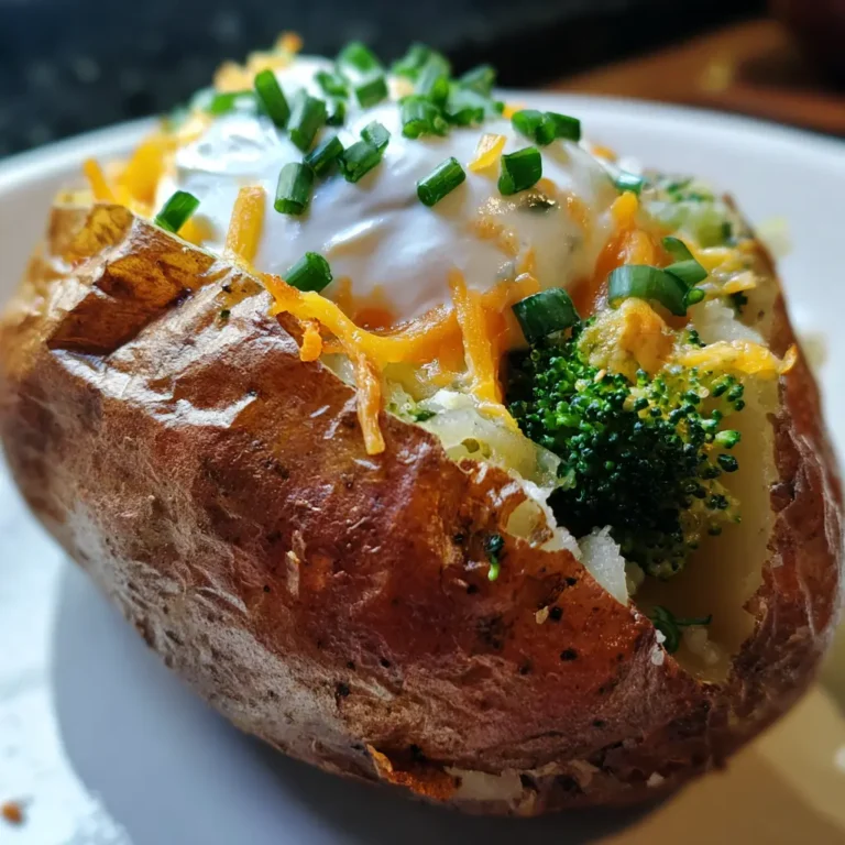 A perfectly loaded air fryer baked potato, split open with a fluffy interior, topped with melted cheese, sour cream, green onions, and broccoli florets.