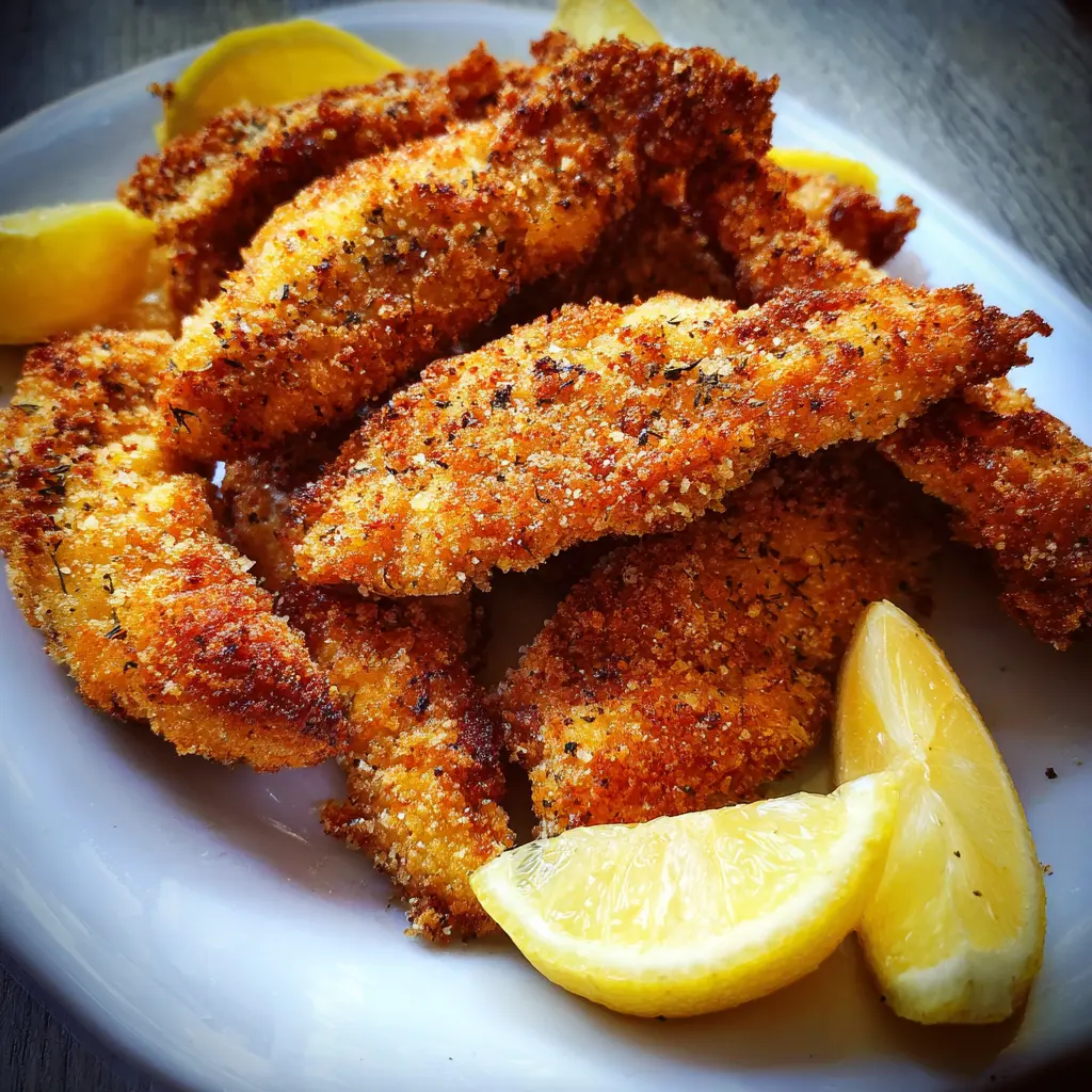 Golden-brown air fryer chicken tenders served with fresh lemon wedges on a white plate.