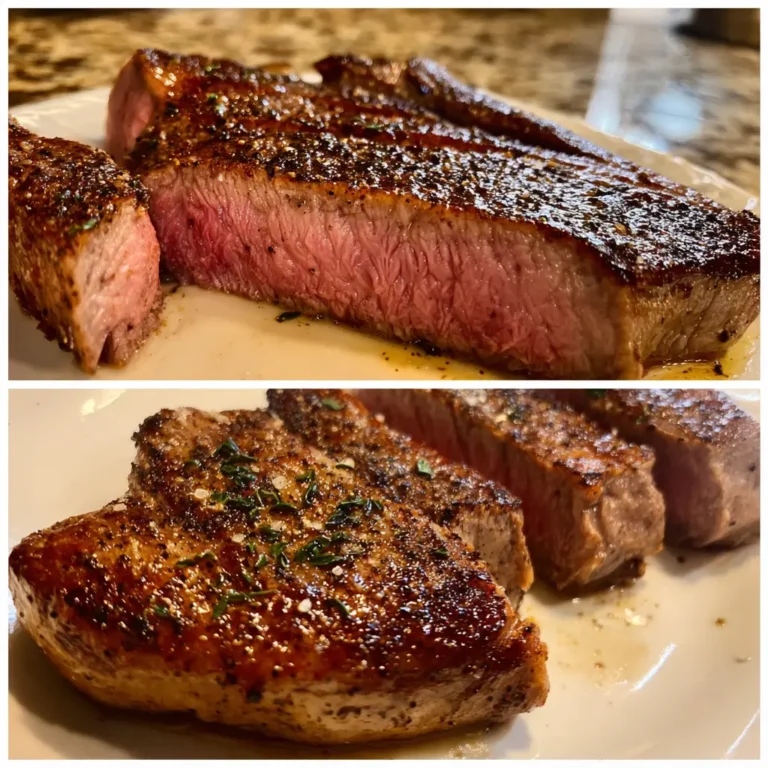Perfectly cooked, medium-rare air fryer steak, sliced and seasoned on a white plate.