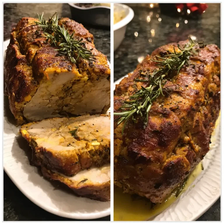 Sliced and whole Christmas vegan turkey roast recipe, beautifully stuffed and garnished with rosemary on a festive platter.