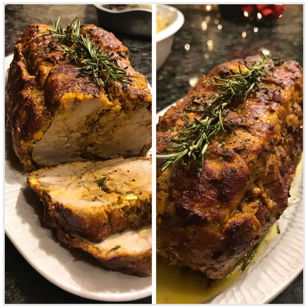 Sliced and whole Christmas vegan turkey roast recipe, beautifully stuffed and garnished with rosemary on a festive platter.