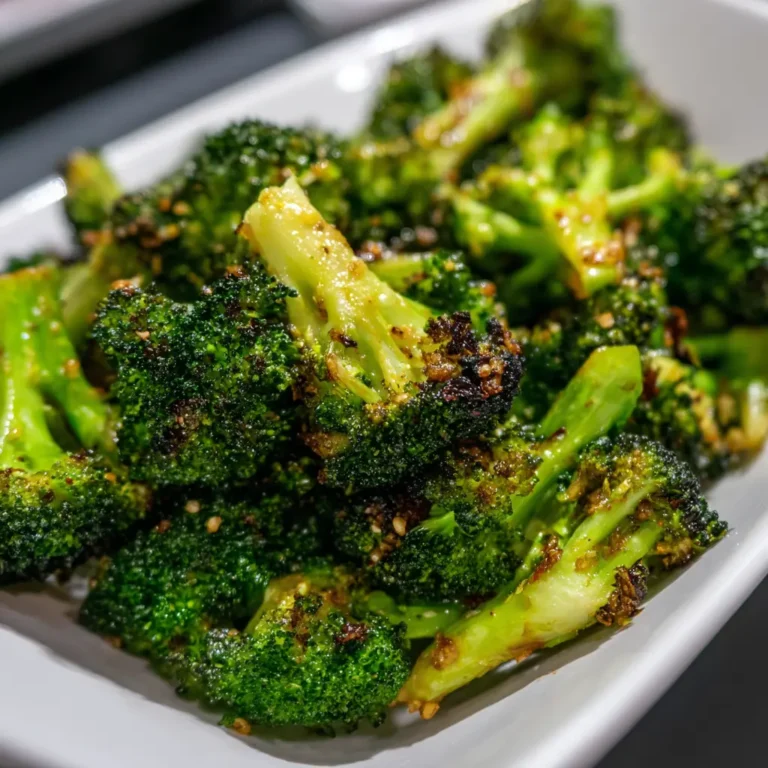 Vibrant green air fryer broccoli florets with crispy, charred edges in a white dish, seasoned with sesame seeds.