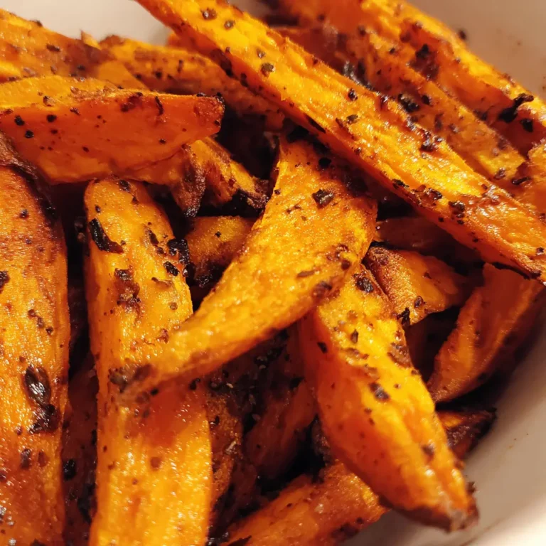 Vibrant, seasoned air fryer sweet potato fries piled high in a rustic container.