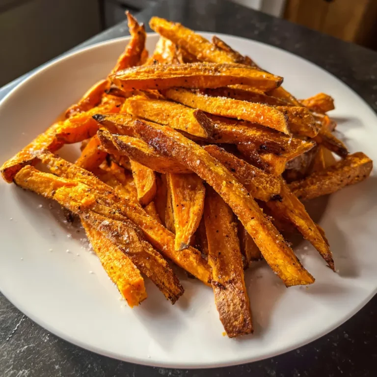 Close-up of perfectly crispy air fryer sweet potato fries piled high on a white plate, seasoned and ready to eat.
