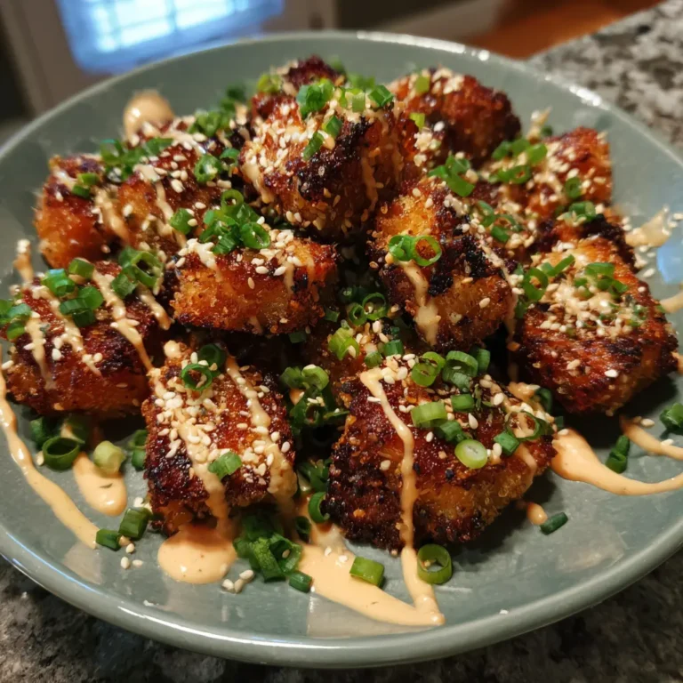 Close-up of crispy, golden air fryer salmon bites drizzled with creamy sauce, green onions, and sesame seeds on a sage green plate.