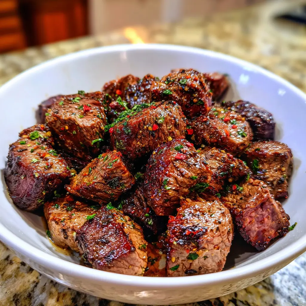 Close-up of perfectly cooked, glossy air fryer steak bites garnished with fresh herbs in a white bowl.