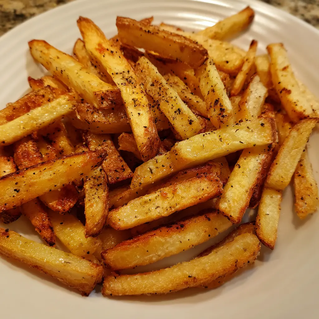Close-up of perfectly seasoned, golden-brown air fryer french fries piled high on a white ceramic plate.