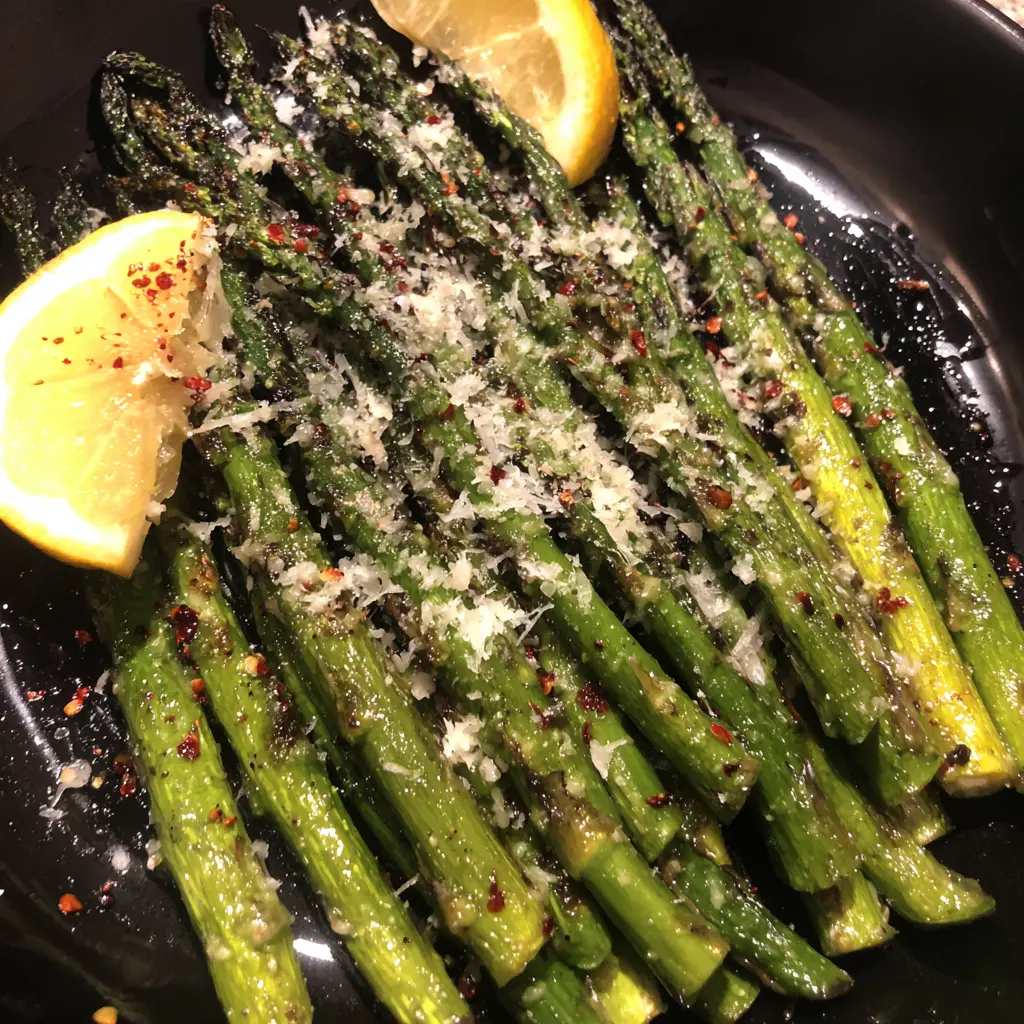 Vibrant green air fryer asparagus spears with grated Parmesan, red pepper flakes, and lemon wedges in a black dish.
