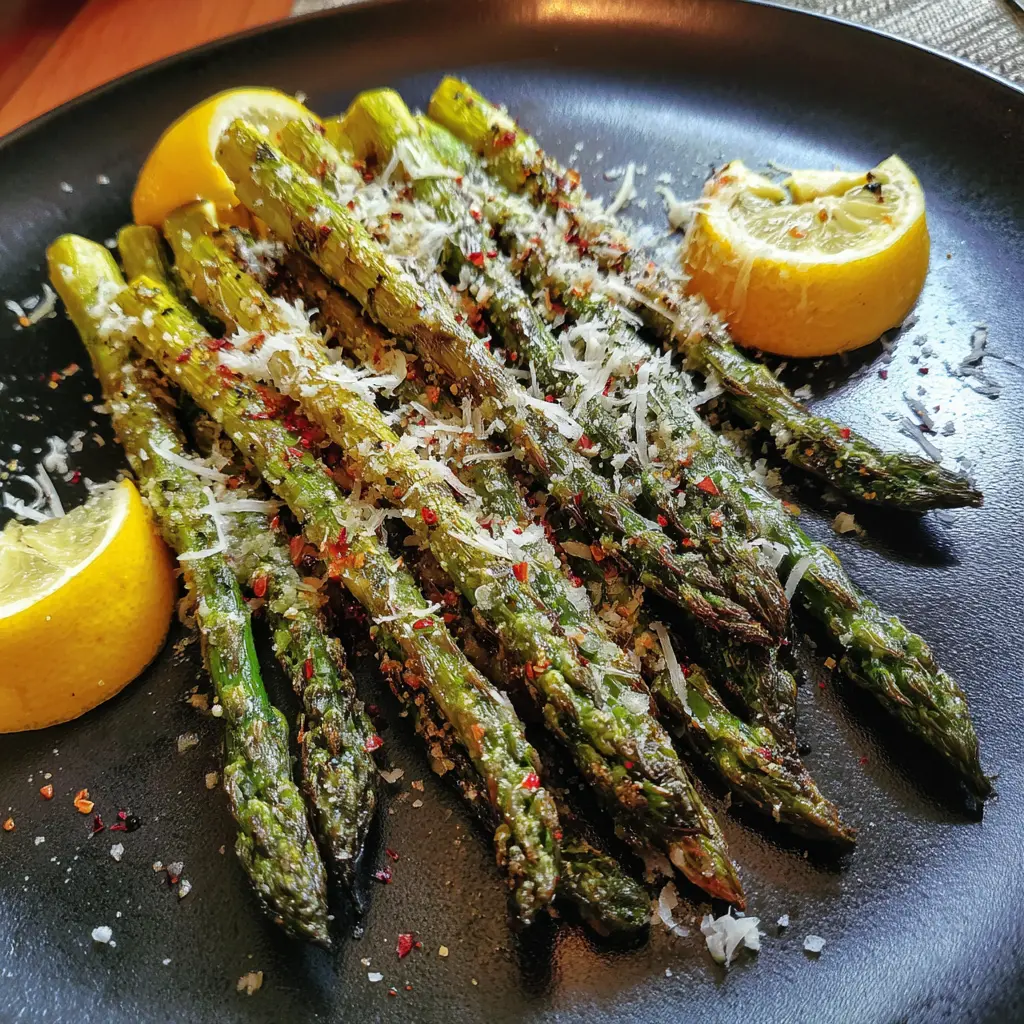 Perfectly roasted air fryer asparagus garnished with cheese, chili flakes, and fresh lemon wedges.