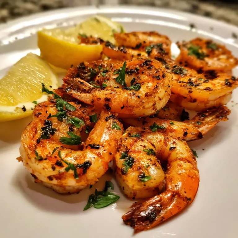 Delicious air fryer shrimp perfectly cooked and garnished with lemon and herbs on a white plate.